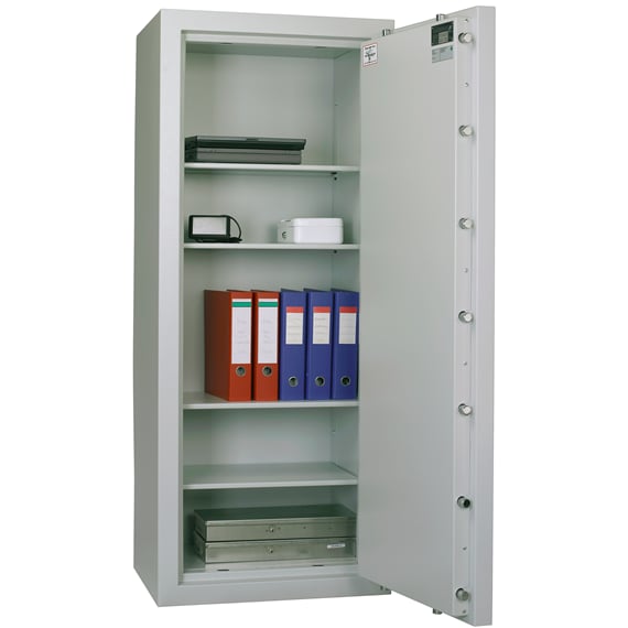 Højt og stort pengeskab med hylder